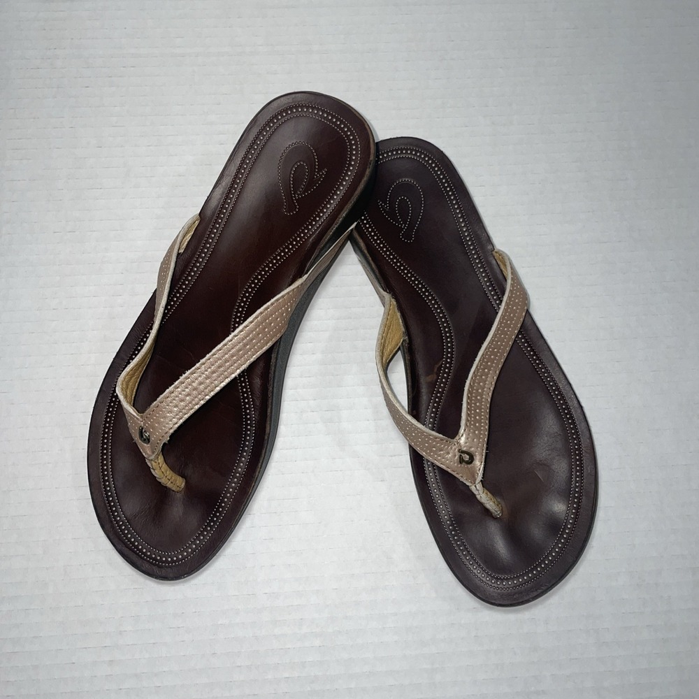 Olukai Women's Leather Wedge Flip flop Sandal Brown Size 7